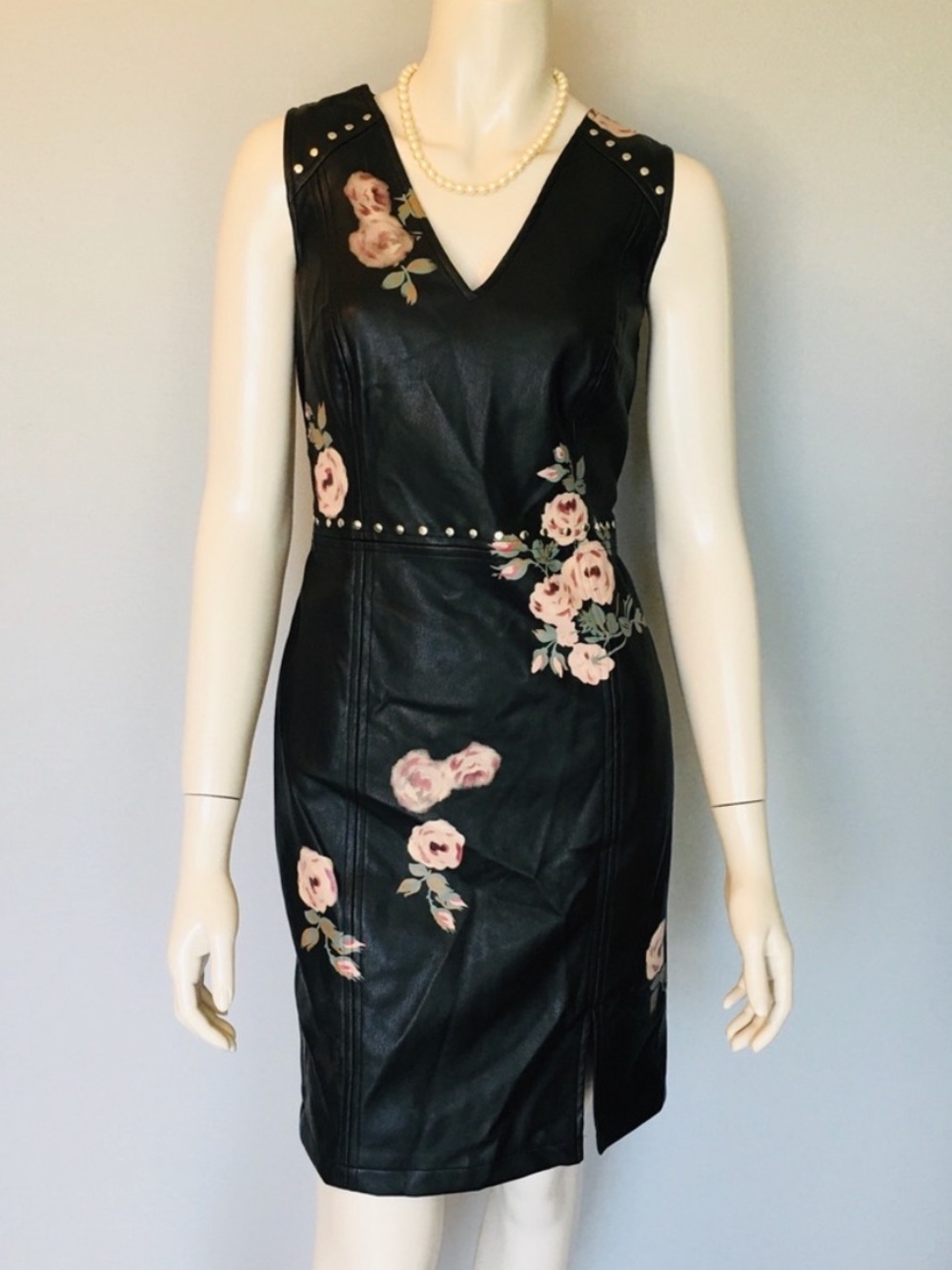 Boston Proper Black Faux Leather Floral Stud Embellished Midi Dress
